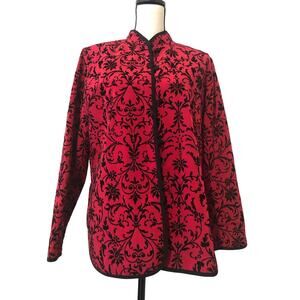 Susan Graver Jacket Size S Red Black Flocked Velvet Mandarin Collar Vintage